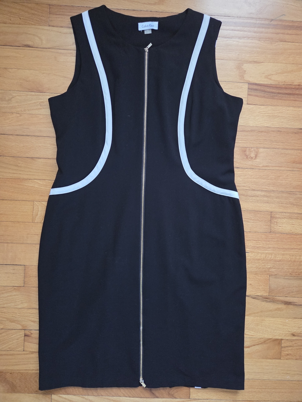 Calvin Klein Black Dress with White Contrast Piping and Front Zip